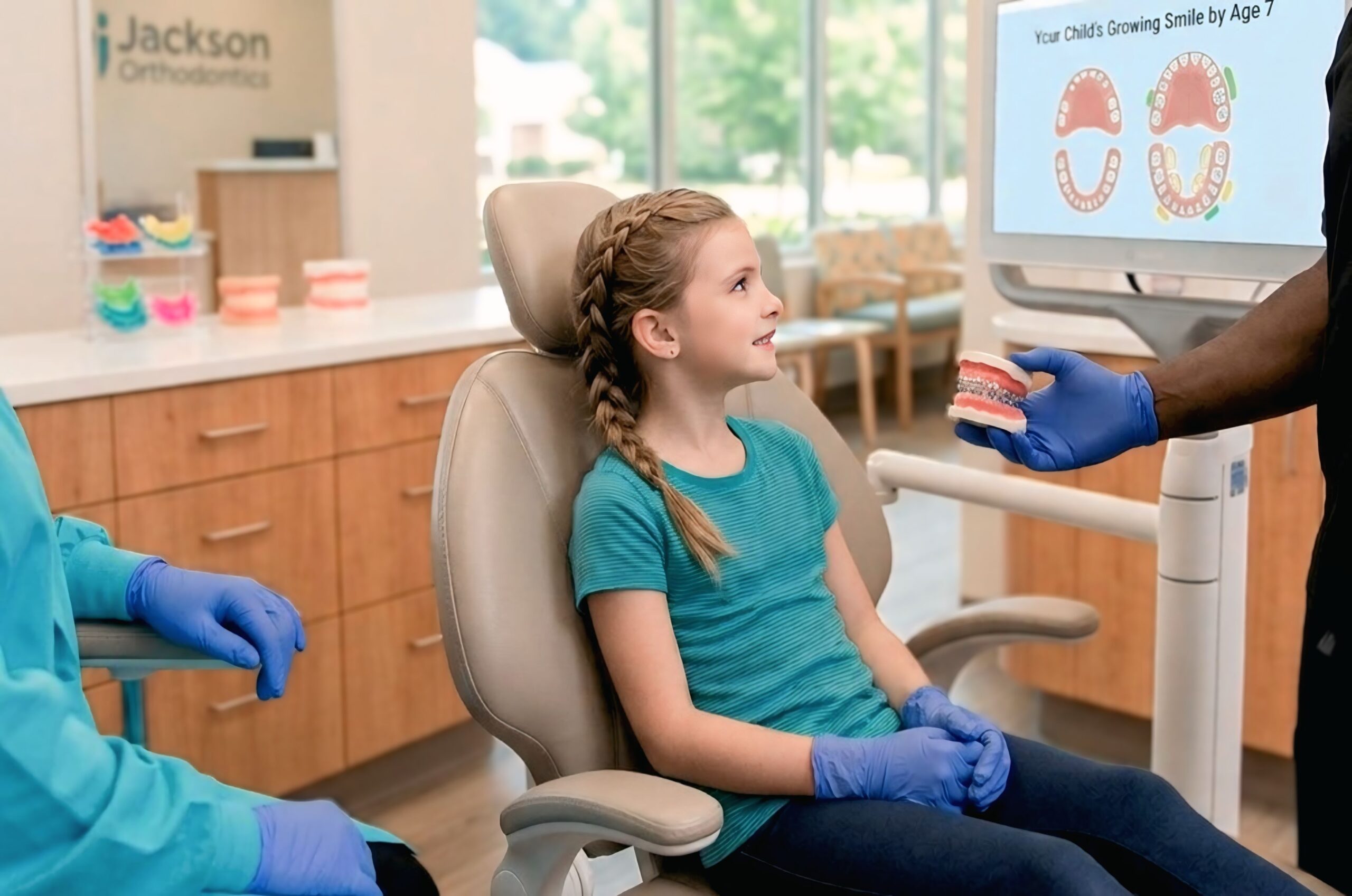 Girl in an orthodontic chair looking at a tooth model held by her orthodontist, with a screen showing her growing smile timeline.
